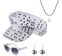 SDXCJY 4pcs Hat 70s Hat di paillettes Argento Cappello da discoteca per accessori Abba per adulti Donne con occhiali da sole da sole a bling quadrati con pailla (argento)
