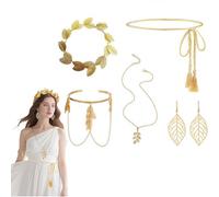 SDXCJY 5 Pz Accessori per Costume di Dea Greca,Diadema con Foglie di Alloro Oro, Ciondolo di Vita con Frange, Orecchini, Collana e Anello, per Feste Vintage, Halloween e Cosplay per Donne.