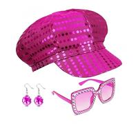 SDXCJY Cappello da discoteca anni '70, 3 pezzi, cappello da discoteca rosso rosa per adulti, accessori Abba, da donna, con occhiali da sole quadrati e luccicanti, set da discoteca per donne, feste a
