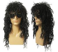 SDXCJY Parrucca da discoteca anni '80, Rockstar Heavy Metal, parrucca nera riccia, costume da uomo, cappello lungo riccio, nero (nero)