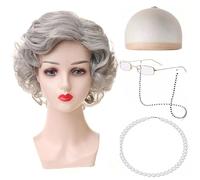 SDXCJY Set da 5 pezzi per costume da vecchia signora. Include una parrucca corta grigia riccia, una cuffia per parrucca, una collana di perle artificiali, una catena per occhiali e un paio di