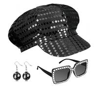 SDXCJY Set di 3 cappelli Sequins anni '70, cappello da discoteca argentato, per adulti, con catena sequettata, occhiali da sole quadrati glitterati, set da discoteca da donna (blu) (nero)