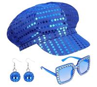 SDXCJY Set di 3 cappelli Sequins anni '70, cappello da discoteca argentato, per adulti, con catena sequinata, occhiali da sole quadrati glitterati, set da discoteca per donne (blu)