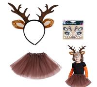 SDXCJY Set di 3 costumi da renna, tra cui una fascia per la testa di renna, adesivi per il viso di renna e una gonna tutù. È altamente adatto per Halloween, carnevali e spettacoli teatrali. (Marrone)