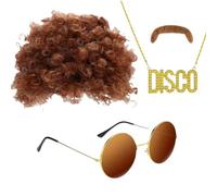 SDXCJY Set di 4 parrucche afro-poppy degli anni '70/'80, occhiali da sole, collana e baffi per costumi groove, hippie o rocker, feste divertenti ispirate e Halloween (marrone)