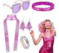SDXCJY Set di 6 accessori da discoteca rosa anni '70 e '80, con paillettes, sciarpa, occhiali da sole, fascia, braccialetto, orecchini, kit per travestimenti per feste a tema discoteca retrò (rosa)