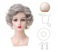 SDXCJY Set di 7 pezzi per costume da vecchia signora, parrucca corta e riccia grigia, parrucca, collane di perle artificiali, braccialetto, orecchini, occhiali, catene e occhiali, per cosplay, feste,