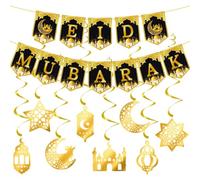 SDXCJY Squisito striscione Ramadan Mubarak, ricche decorazioni dorate e accattivanti motivi a stella luna, ornamenti per castelli, must have per Ramadan islamico e forniture per feste Eid (nero e oro)