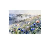 SDYSKKUG Acquerello Paesaggio Quadro su Tela. Fiori blu Montagna. Immagini Moderni Murale Camera da Letto Soggiorno Bagno Cucina 65x50cm Senza Cornice