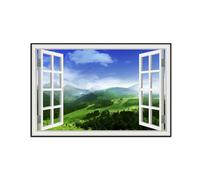 SDYSKKUG Finta Finestra Quadri Paesaggio Quadro Stampa su Tela Albero Foresta Montagna Natura Immagine Moderni Murale Soggiorno 120x80cm Cornice Nera