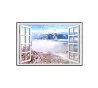 SDYSKKUG Finta Finestra Quadri Paesaggio Quadro Stampa su Tela Fiori rosa Nuvole Montagna Natura Immagine Moderni Murale Soggiorno 120x80cm Cornice Nera