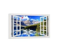 SDYSKKUG Finta Finestra Quadri Paesaggio Quadro Stampa su Tela Lago Albero Montagna Natura Immagine Moderni Murale Soggiorno 128x80cm Intelaiato