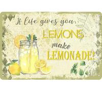 Se la vita ti dà limoni, fai una limonata. Cartello in latta con scritta "Se la vita ti dà limoni, fai una limonata". Divertente cartello con limone, decorazione vintage con limone, per bar, pub, gar