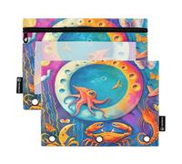 Sea Creatures - Set di 2 astucci per raccoglitori a 3 anelli, con cerniera liscia, con finestra in PVC trasparente, per articoli scolastici, colore: blu pastello