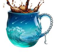 Sea Glass Wave Mug - 14oz Hand-Blown Glassware -Inspired Aesthetic, Daily Hydration with Artistic Pattern, Coffee Tea Cup for Home Office Café, Transparent Aqua Blue, Gift-Ready Box Packaging