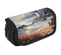 Sea Lighthouse Sandbeach - Astuccio portapenne grande capacità con 3 scomparti, cancelleria da ufficio, grande, con cerniera, in tessuto, per adulti, borsa portatile per trucchi (nero)