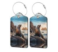 Sea Lion on The Rocks 2 PCS Pattern PU Leather Travel Label per la configurazione della borsa etichetta bagagli