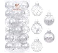 Sea Team 60 mm/2.36" Set di ornamenti per palline di Natale in plastica trasparente infrangibile con pittura glitterata, palline di cristallo trasparenti, trasparenti (30 pezzi, argento)