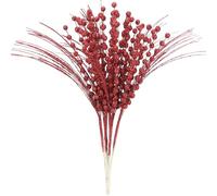 Sea Team Confezione da 24 rametti decorativi per albero di Natale, soffici e glitterati, puntali per vasi, steli, plettri per albero di Natale, ghirlanda, 41 cm, rosso