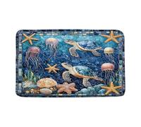 Sea Turtle Coastal Ocean Beach Blue Stained Glass Jellyfish Starfish Seashell Nautical Underwater World Zerbino Asciugapassi Trappola Sporco Zerbino Ingresso Confortevole Tappeto Entrata 40X60Cm