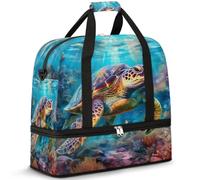 Sea Turtle Ocean Coral Borsone da viaggio per donne e uomini, pieghevole, per sport, palestra, fine settimana, pernottamento, borsa da cabina con scomparto per scarpe, Multicolore