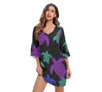 Sea Turtles - Abito da donna in chiffon, con maniche a 3/4, colore: Nero, Tartarughe marine Nero, XX-Large