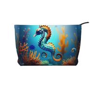 Seabed Coral Seahorse Chiusura a cerniera Borsa per il trucco in velluto a coste Organizer multifunzionale 22x7x17cm per Viaggi Campeggio Vacanze Fitness, Nero , Taglia unica