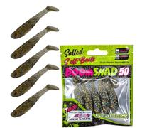 SEABUZZ Set di esche da pesca in gomma, 5 pezzi x 50 mm, esche in gomma per pesce gatto e lucioperca e luccio, per trote e pesce persico, set da pesca per acqua dolce e salata (oro scuro/seed)