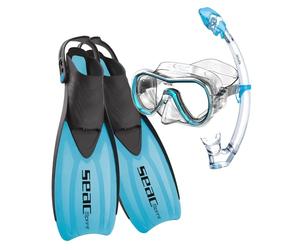 SEAC Sprint Dry Set Snorkeling con Pinne a Cinghiolo Regolabile, Maschera e Snorkel con Dry Top Unisex Adulto Blu 36/38