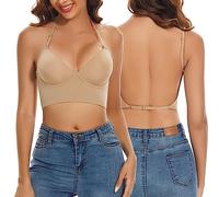 seagallery - Reggiseno convertibile con scollo profondo sulla schiena, effetto push-up, scollo a V profondo, schiena scoperta, con ferretto, spalline regolabili individualmente, Nude, L