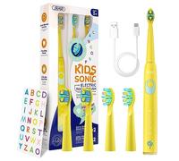 Seago Spazzolino Elettrico Bambini 6-12 Anni, Spazzolini Elettrici per Bambini Con Adesivi Fai Da Te Divertenti, Timer Da 2 Minuti, 4 Testine Spazzolino Bambini,Impermeabile IPX7 SG-2303, Giallo