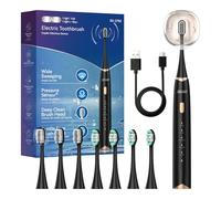 Seago spazzolino elettrico con sensore di pressione con porta spazzolino elettrico, 8 Testine, 40000 VPM, 5 Modalità, Timer da 2 Min, IPX7, Per Adatto alle persone sensibili, Adulti, Nero (Nero)