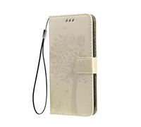 SEAHAI Hülle für OPPO A5X 5G/4G Handyhülle, Ziemlich Geprägt Blätter und Katze Premium PU Leder Folio Brieftasche Stoßfest Schutzhülle Klapphülle, Gold