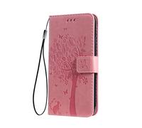 SEAHAI Hülle für OPPO A5X 5G/4G Handyhülle, Ziemlich Geprägt Blätter und Katze Premium PU Leder Folio Brieftasche Stoßfest Schutzhülle Klapphülle, Pink