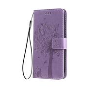 SEAHAI Hülle für OPPO A5X 5G/4G Handyhülle, Ziemlich Geprägt Blätter und Katze Premium PU Leder Folio Brieftasche Stoßfest Schutzhülle Klapphülle, Lavendel