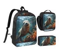 Seal Pup In Water 17 Inch Zaino Lunch Bag Pencil Case Set, Stampa Carina, Durevole Panno Oxford.