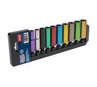 Sealey Metrico Multicolore Presa Set 10pc 1cmSq Drive 6pt Profondo AK285D
