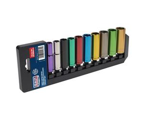 Sealey Metrico Multicolore Presa Set 10pc 1cmSq Drive 6pt Profondo AK285D