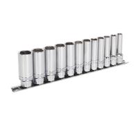 Sealey Metrico Presa Set 12pc 1cmSq Drive Profondo Serratura Su 6pt Cromo AK2744