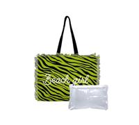 Seamar Borsa Mare Grande New Zebra con Zip 100% Cotone Canvas 48x38x16cm Borsa Spiaggia con Frange (Verde)