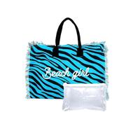 Seamar Borsa Mare Media New Zebra Azzurro con Zip 100% Cotone 40x30x18cm Borsa Spiaggia (Azzurro)
