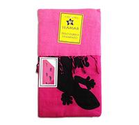 Seamar Telo Mare Fouta Pareo Doppio Gechi Etnico 90x170 cm con Frange 100% Cotone Sopra 100% Spugna Sotto (Fucsia-Nero)