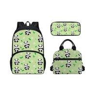 SEANATIVE 3 pezzi per bambini durevole scuola bookbag grande zaino a tracolla con portapranzo astuccio astuccio per adolescenti Daypack, Foglie verdi Panda Cartoon