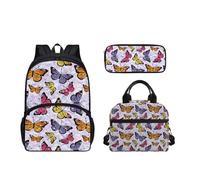 SEANATIVE 3 pezzi per bambini durevole scuola bookbag grande zaino a tracolla con portapranzo astuccio astuccio per adolescenti Daypack, Farfalla colorata.
