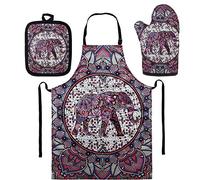 SEANATIVE - Grembiule da cucina stile bohémien chef indiano elefante design grembiule da cucina e cucina regolabile, set completo di 3 pezzi