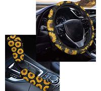 Seanative Set di 3 pezzi in 1 per interni auto, accessori decorativi floreali, girasole e nero, set di copri pomello del cambio con coprivolante assorbente e copertura per freno a mano