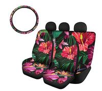 SEANATIVE Set di 4 coprisedili anteriori e posteriori con motivo floreale con ibisco rosso, set di 4 pezzi, con copristerzo assorbente per proteggere la decorazione, accessori universali stile