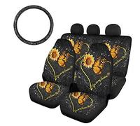 SEANATIVE, Set di 4 coprisedili per auto, con coprisedili anteriori, coprisedile posteriore e coprivolante, universali, motivo vintage con farfalle e girasoli che formano dei cuori