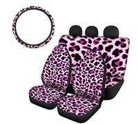SEANATIVE, Set di 4 coprisedili per auto, con coprisedili anteriori, coprisedile posteriore e coprivolante, elasticizzati, alla moda, colore rosa, motivo femminile con stampa leopardata