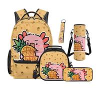 SEANATIVE Set di 5 zaini impermeabili con borsa per il pranzo e astuccio per matite, Ananas Axolotl, Zainetto